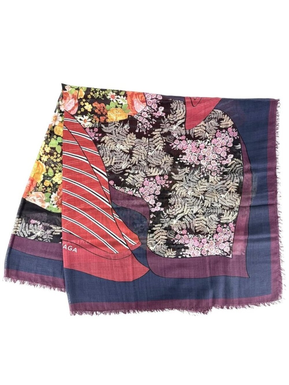 Balenciaga Scarf Floral Pattern Large Wool Silk Bordeaux Multicolor